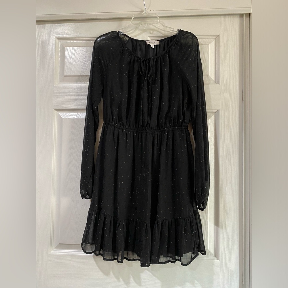 Gilli Chiffon Print Dress, Black, Split‎ Neck with Ties, Size Medium